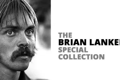 Black and white close up portrait of runner Steve Prefontaine next to text reading The Brian Lanker Special Collection.